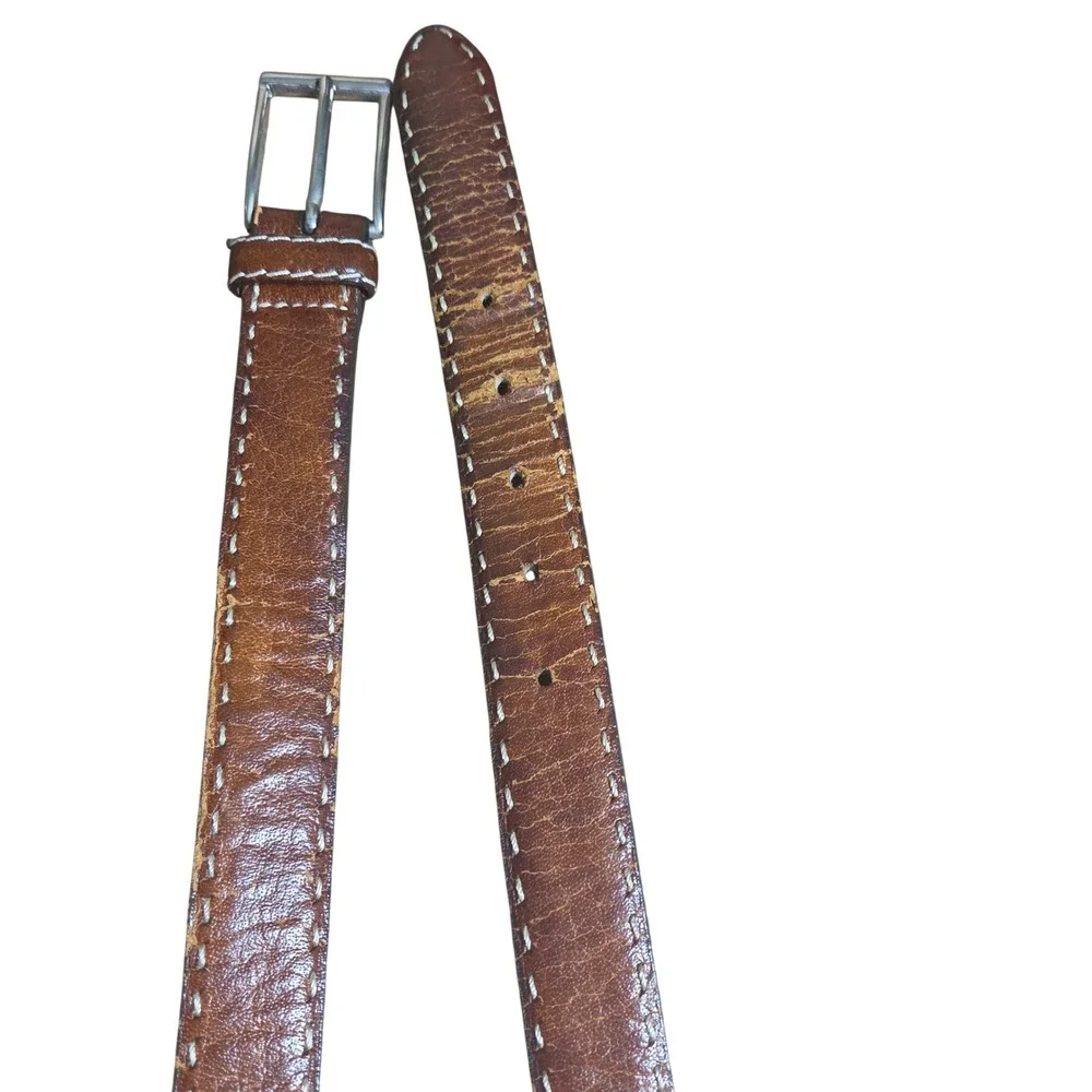 Bernardo Firenze Italian Leather Belt Contrast Stitching Mens 34 Italy Brown